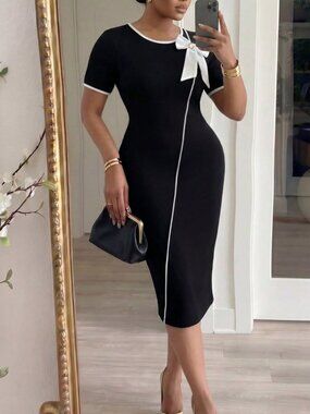 Black And White Elegant Women's Plus Size Bow Decor Fitted Dress